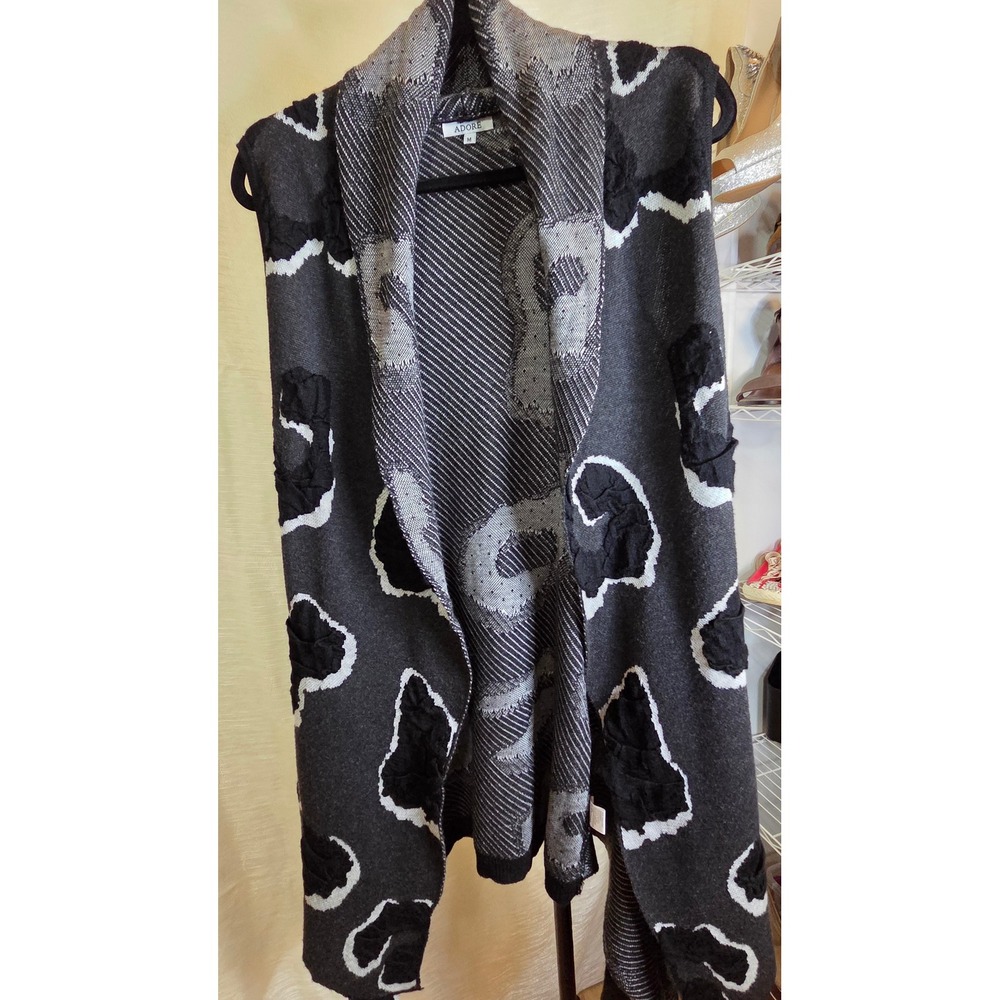 Adore Womens Grey Black White Abstract Knit Open Front Draped Vest Size M